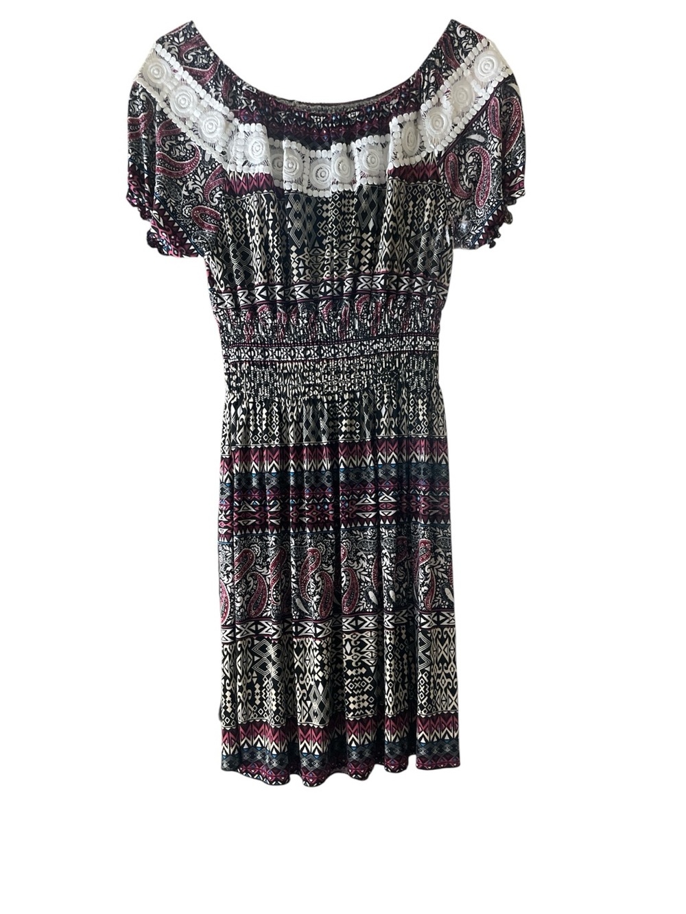 Paisley Midi Sun Dress in Blue, white pinkish and purple